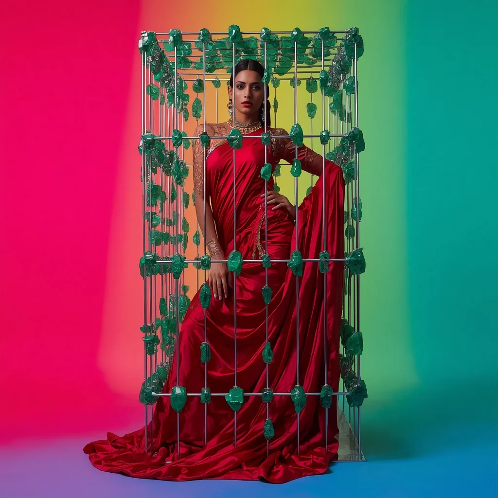 Extreme Heavy Platinum Cage Over Thick Blood-Red Raw Silk Majestic Pose | Gemini Ai Saree Prompt