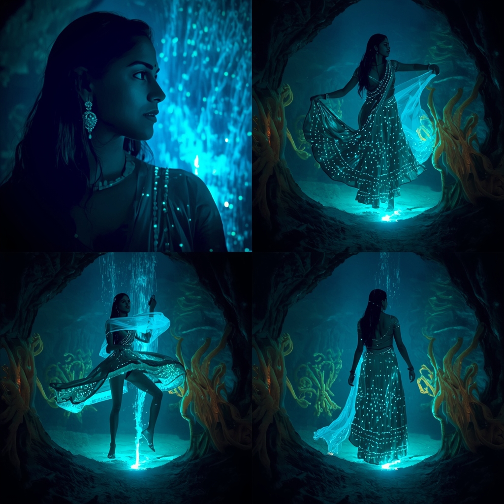 Fancy Festival Saree Bioluminescent Deep-Trench Vents Grid | Abyss | Desi Girl Ai Prompt