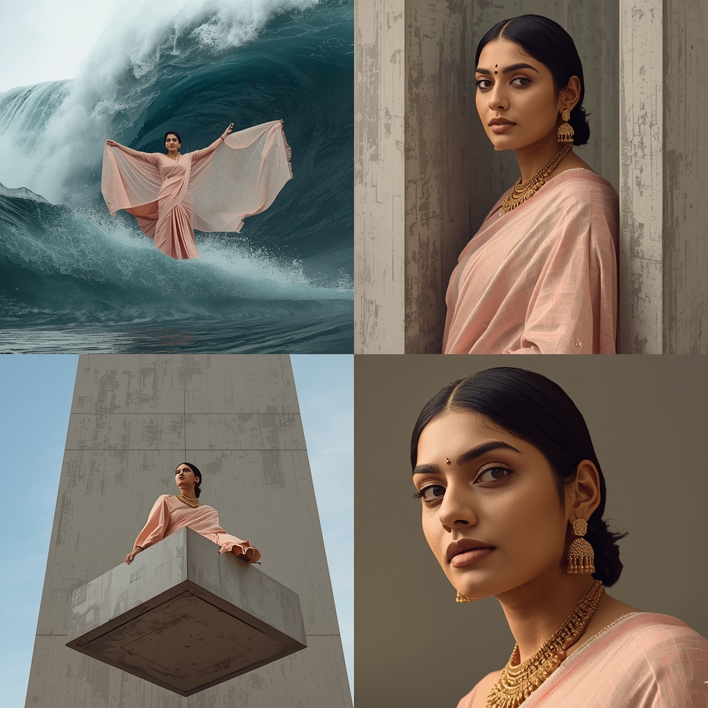 Fancy Festival Saree Brutalist Silk Tsunami Grid | Heavy Contrast | Viral Instagram Ai Prompt