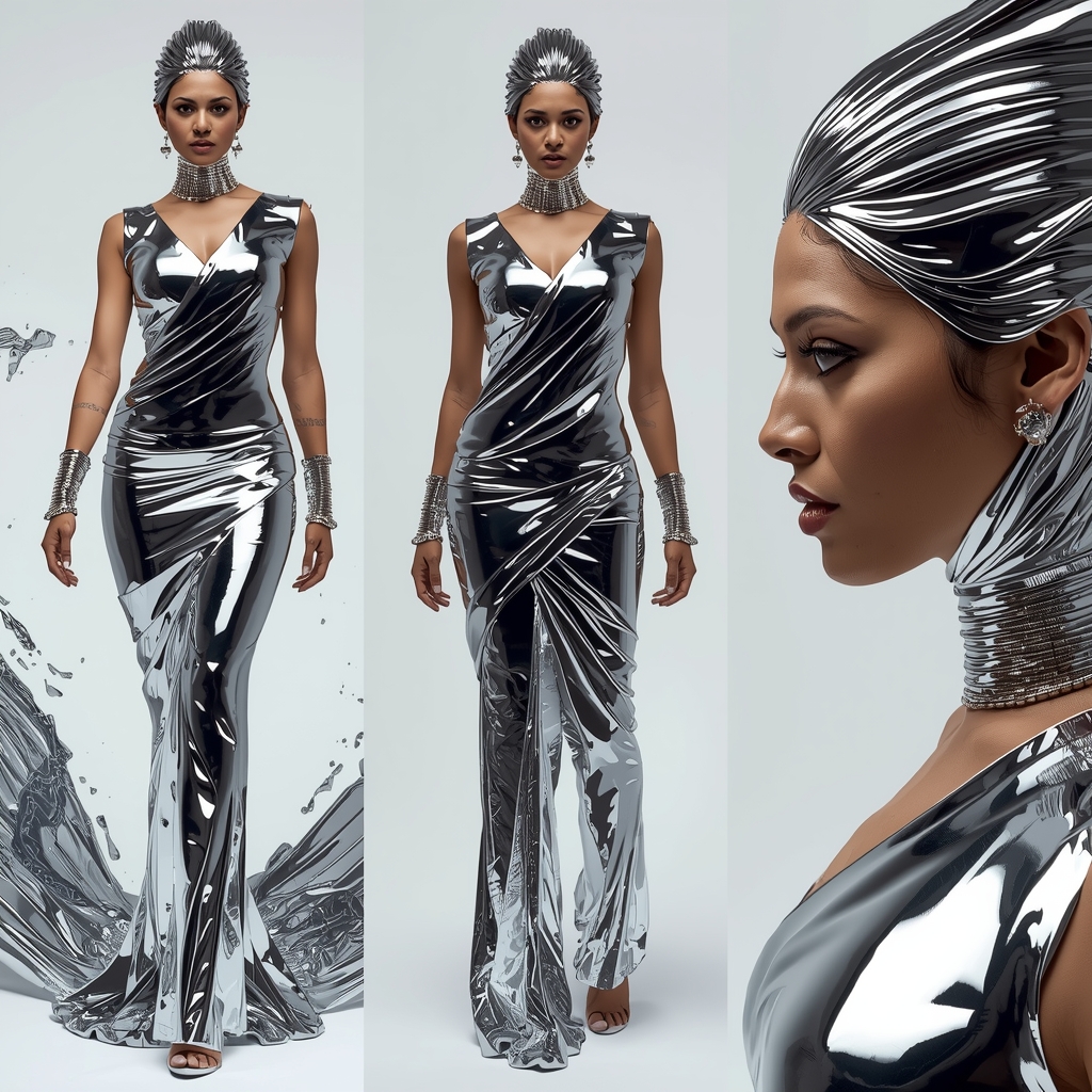 Festival Fancy Saree Liquid Chrome Terminator Triptych | Metal Vogue | Attitude Ai Prompt