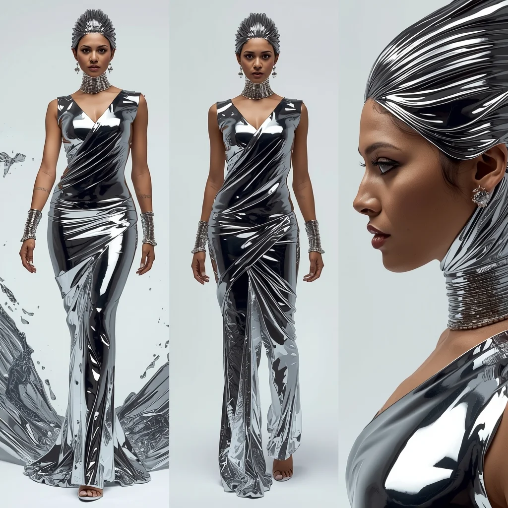 Festival Fancy Saree Liquid Chrome Terminator Triptych | Metal Vogue | Attitude Ai Prompt