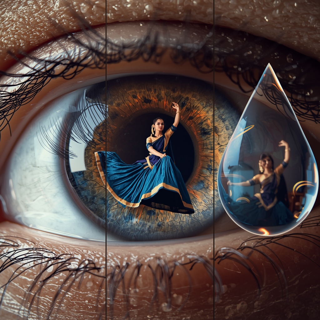 Festival Fancy Saree Macro-Cosmic Eye Triptych | Surreal Vision | Youtube Thumbnail Ai Prompt