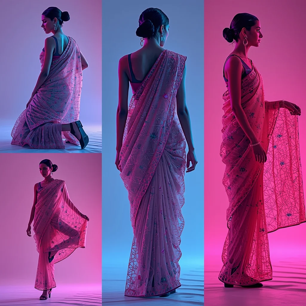 Festival Fancy Saree Shape-Memory Origami Lattice Multiple-Collage | Gemini Saree Ai Photo Prompt