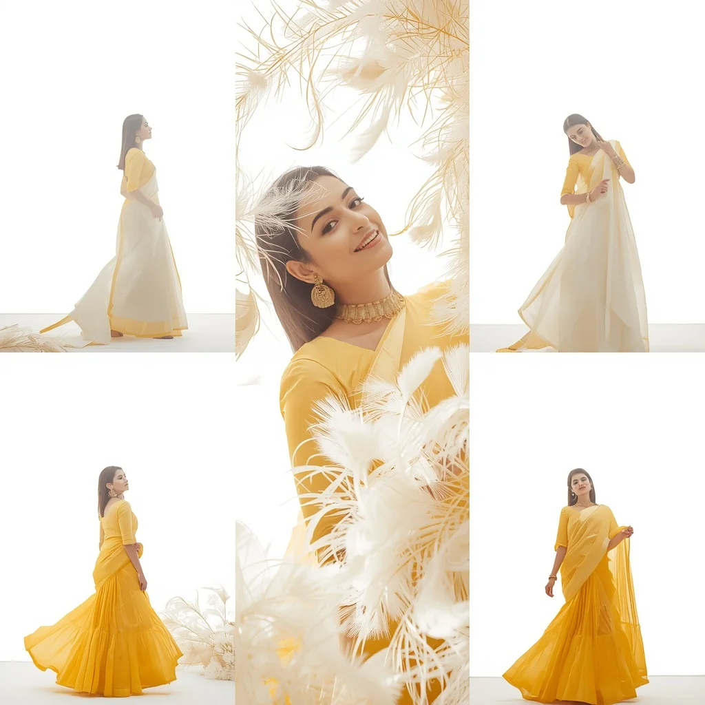 Festive Canary Yellow Saree Sunlit White Peacock Feather Plume | Happy Ai Prompt