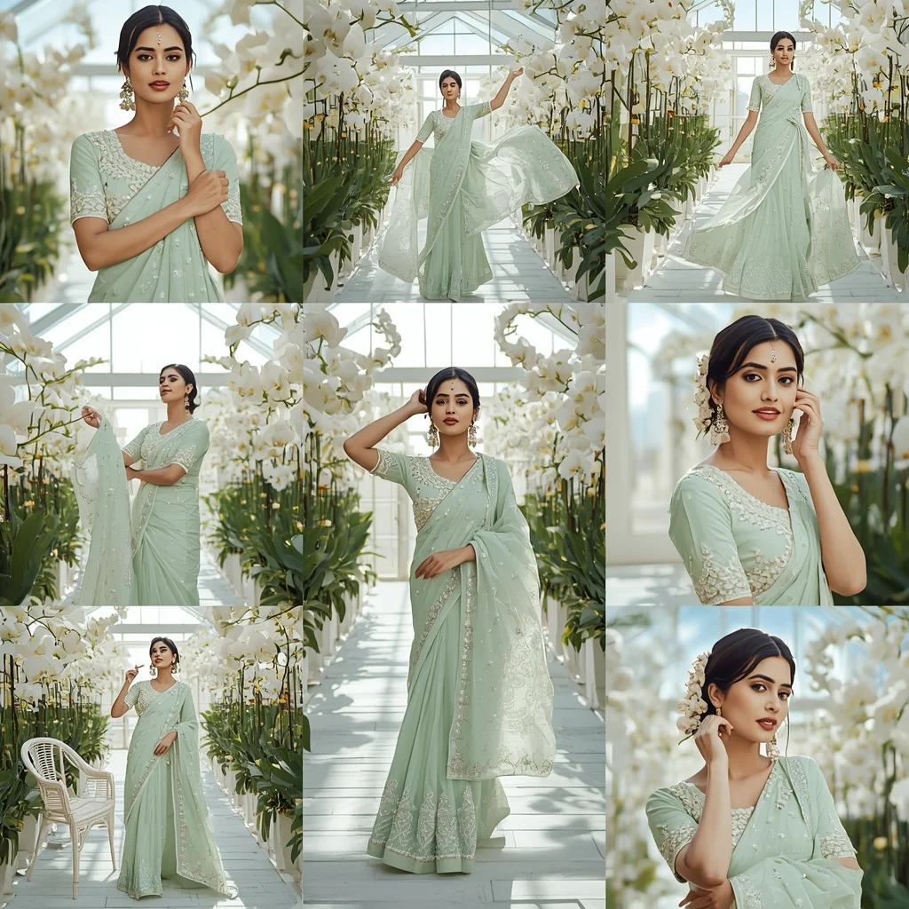 Festive Fancy Saree Blooming White Orchid 9-Frame Square Grid | Saree Prompt Generator