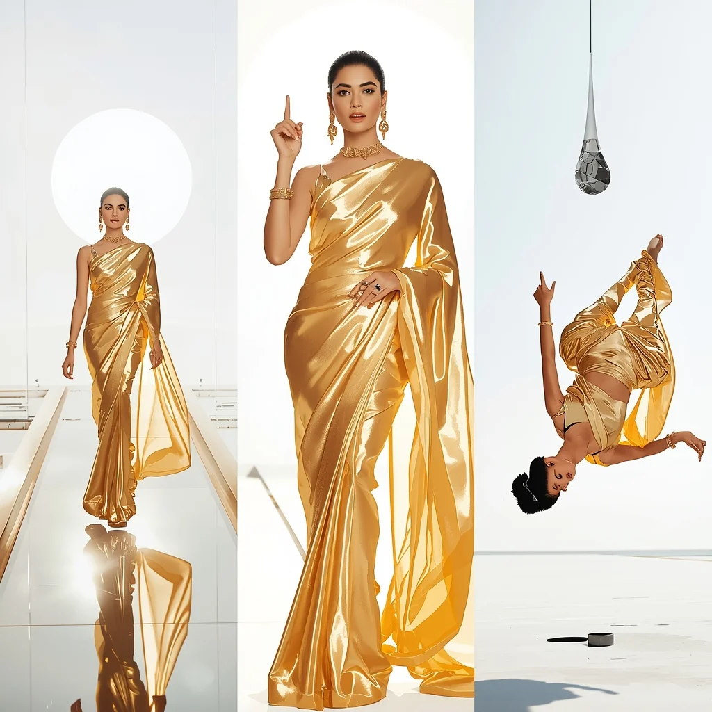 Festive Fancy Saree Chrono-Kinetic Liquid Gold | Gemini Ai Saree Photo