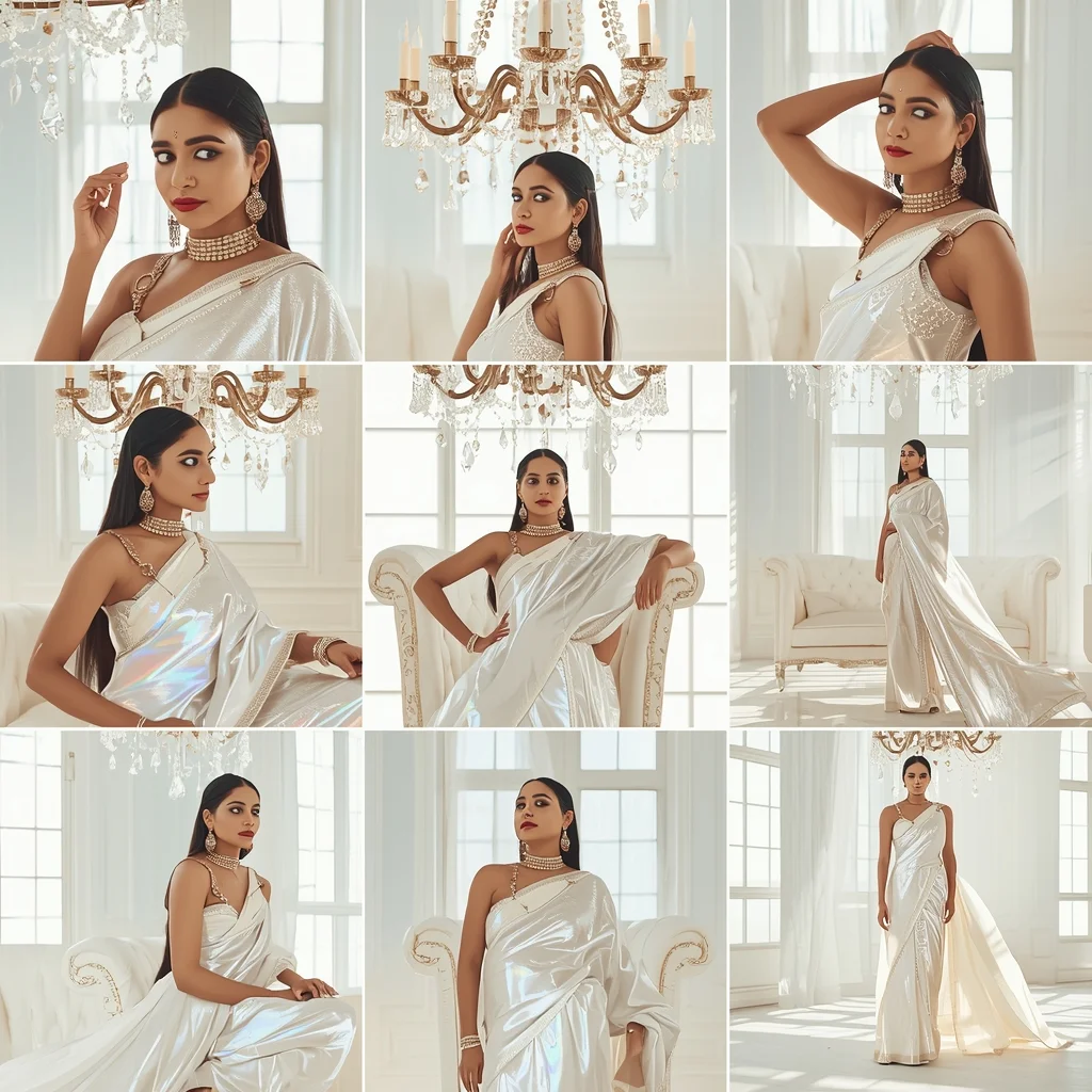 Festive Fancy Saree Crystal Chandelier Daylight 9-Frame Grid | Indian Bride Saree Ai Prompt