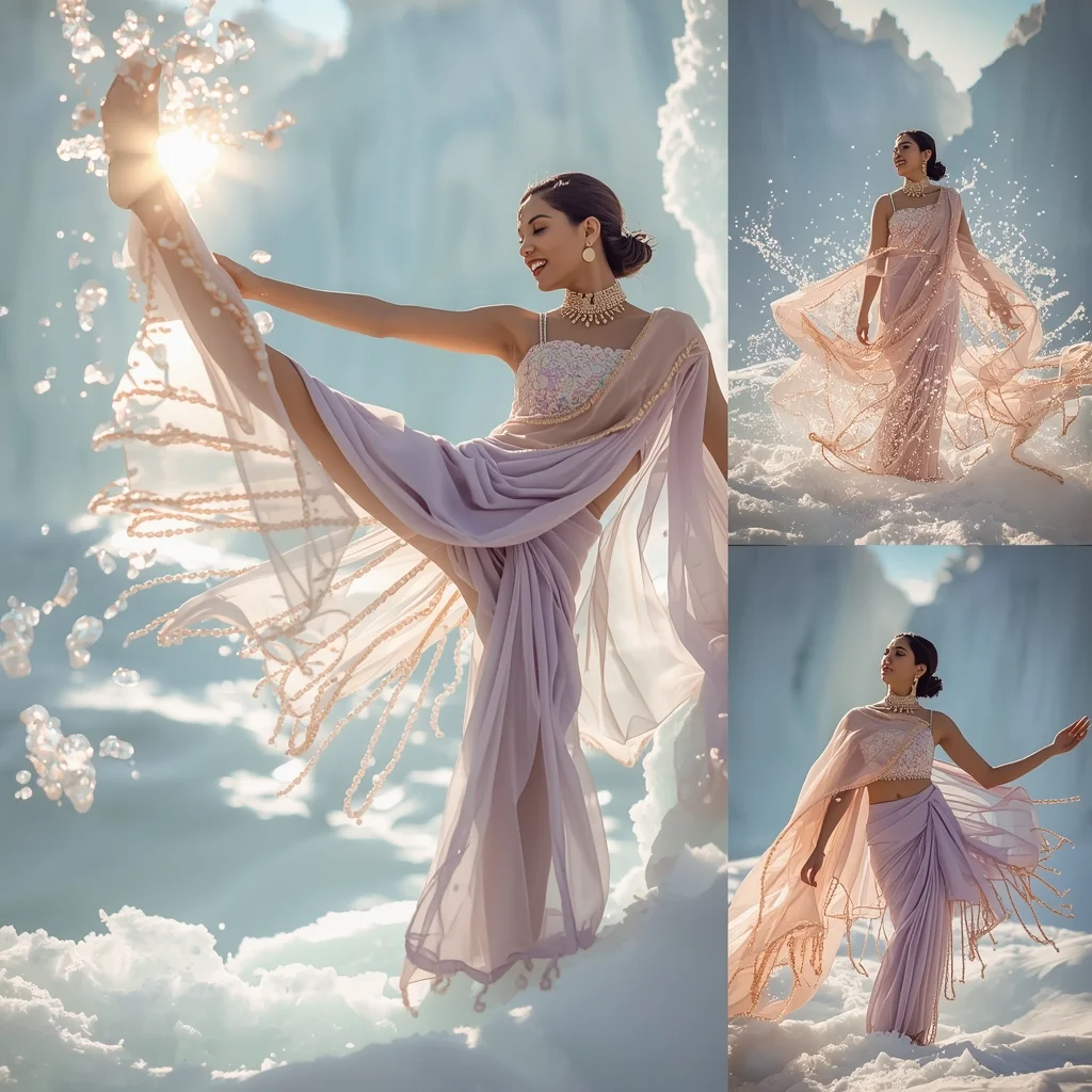 Festive Fancy Saree Elegant Floating Pearl Cascade Drape | Saree Prompt Text To Image