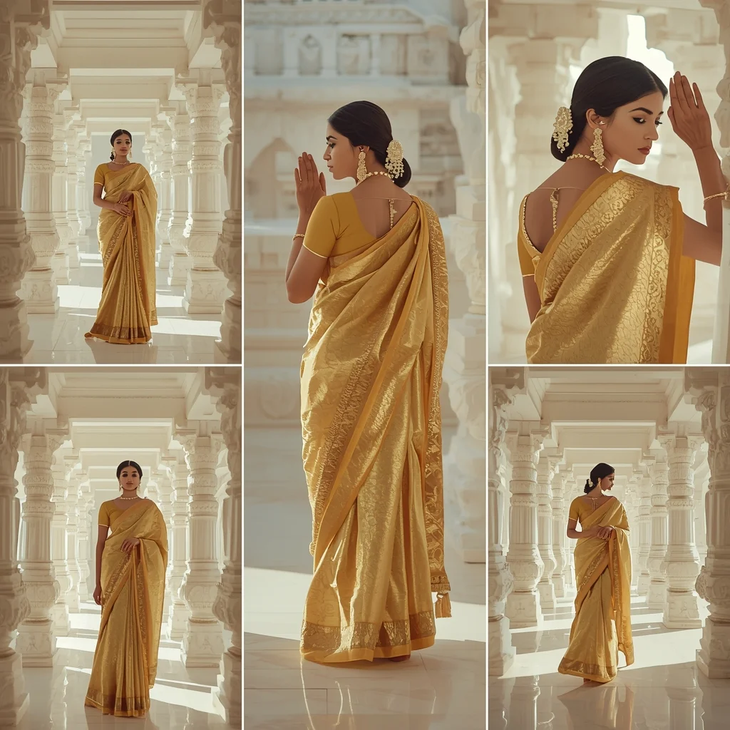 Festive Fancy Saree Glowing Alabaster Temple 5-Frame Layout | Gemini Ai Saree Prompt