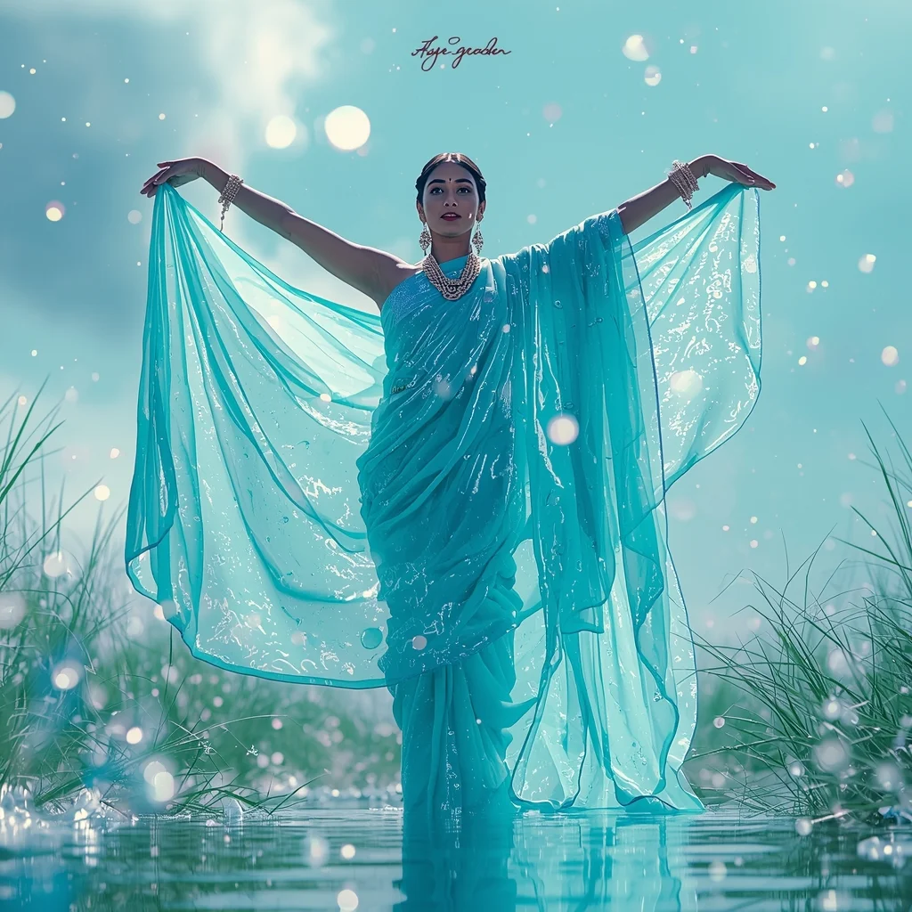 Festive Fancy Saree Liquid-Sapphire Elastomer Cascade | Gemini Saree Prompt Text