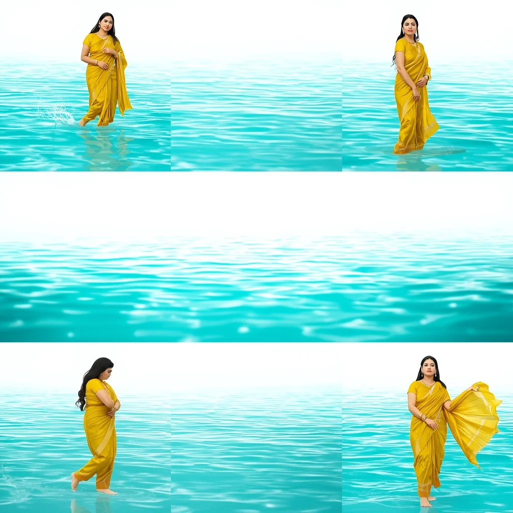 Festive Fancy Saree Luminous Cyan Water 5-Frame Filmstrip Look | Saree Look Ai Prompt