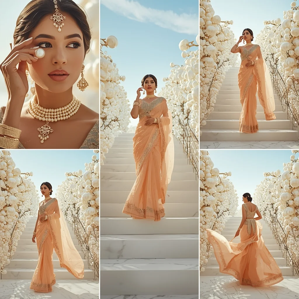 Festive Fancy Saree Luminous Pearl Garden 5-Frame Layout Cinematic | Saree Whatsapp Dp Ai Prompt