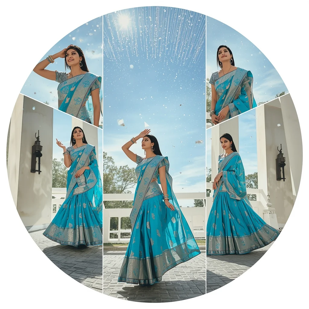 Festive Fancy Saree Sunlit Diamond Shower 6-Frame Circular | Saree Girl Ai Prompt