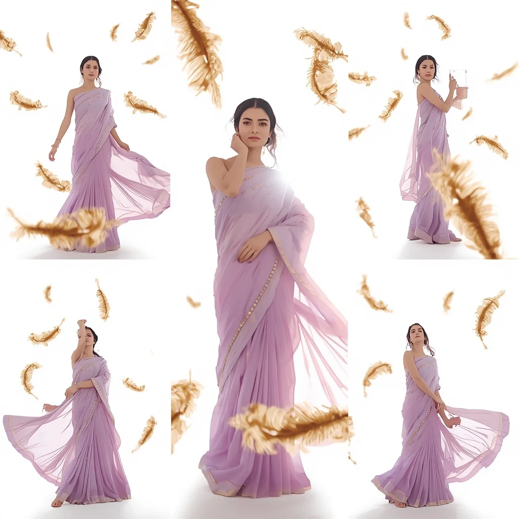 Festive Lavender Mist Saree Floating Gilded Feather Plume | Girl Photo Prompt Gemini