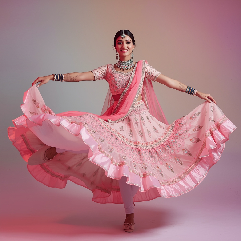 Festive Lehenga Girl Elevated Spin Pause Fabric Bloom Pose | Prompt Engineering