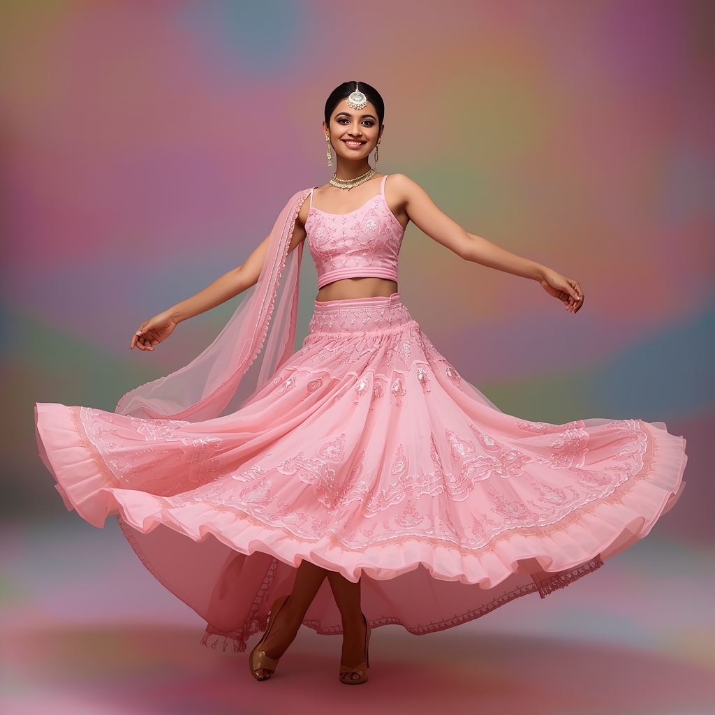 Festive Lehenga Girl Shoulder Lead Spin Fabric Bloom Pose | Prompt For Gemini