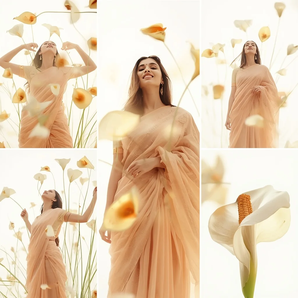 Festive Pale Apricot Saree Hovering White Gold Calla Lily Bloom | Modern Design Ai Prompt