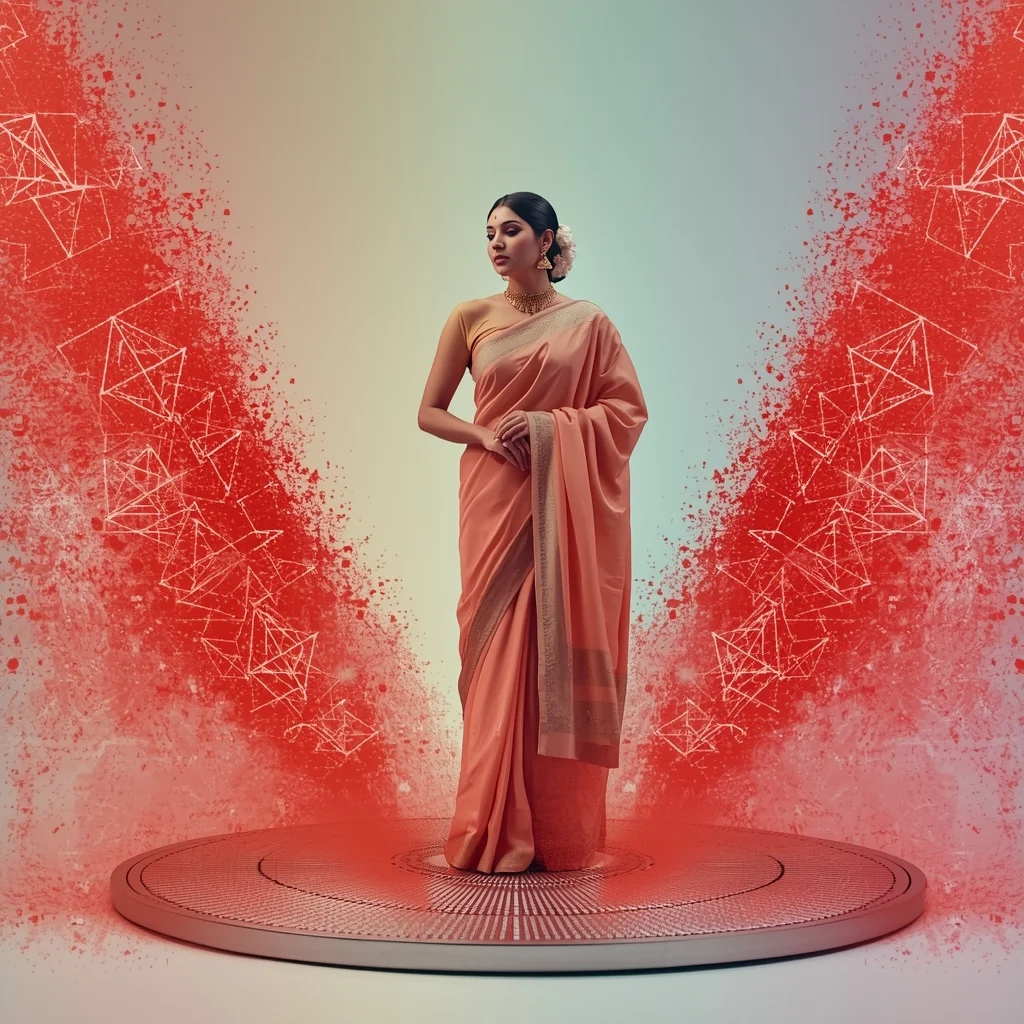 Festive Pastel Saree Acoustic Ruby Dust Sacred Geometry Collage Premium Cinematic | Gemini Saree Ai Photo Prompt