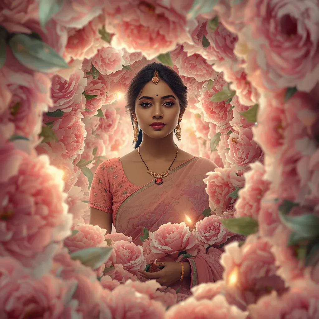 Festive Pastel Saree Aura Spiral Peony Cosmos Collage Cinematic | Free Ai Prompt