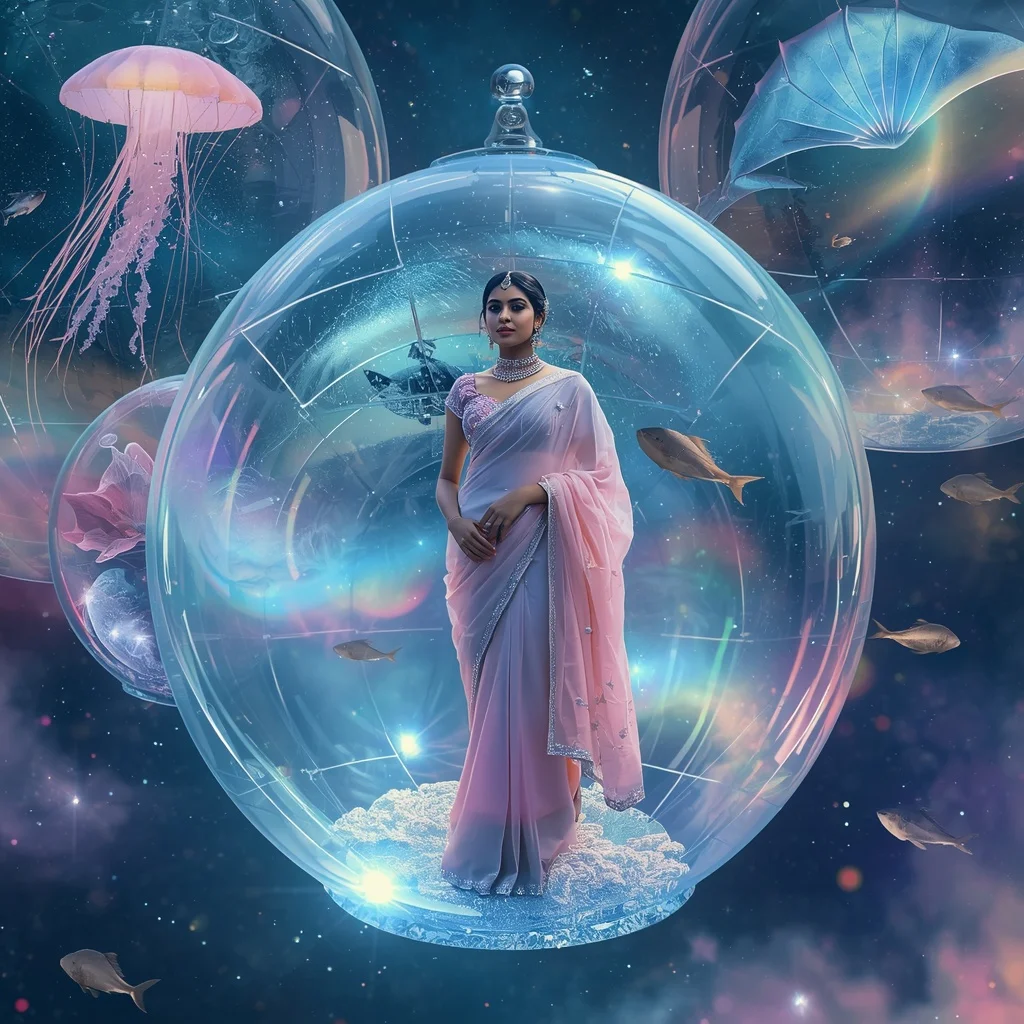 Festive Pastel Saree Aurora Crystal Celestial Aquarium Collage Luxury | 3d Animation Ai Prompt