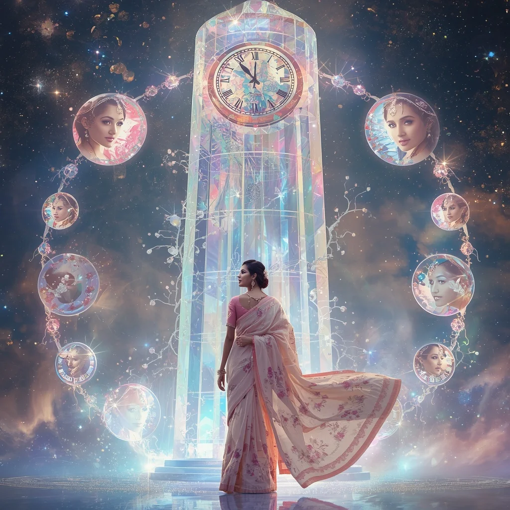 Festive Pastel Saree Aurora Crystal Celestial Clocktower Collage Luxury | Grok Ai Prompt