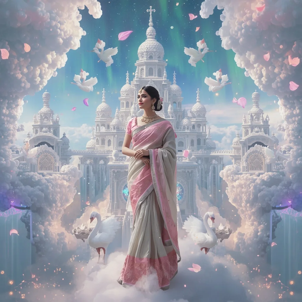 Festive Pastel Saree Aurora Crystal Celestial Cloud Pearl Citadel Collage Luxury | Instagram Influencer Ai Prompt