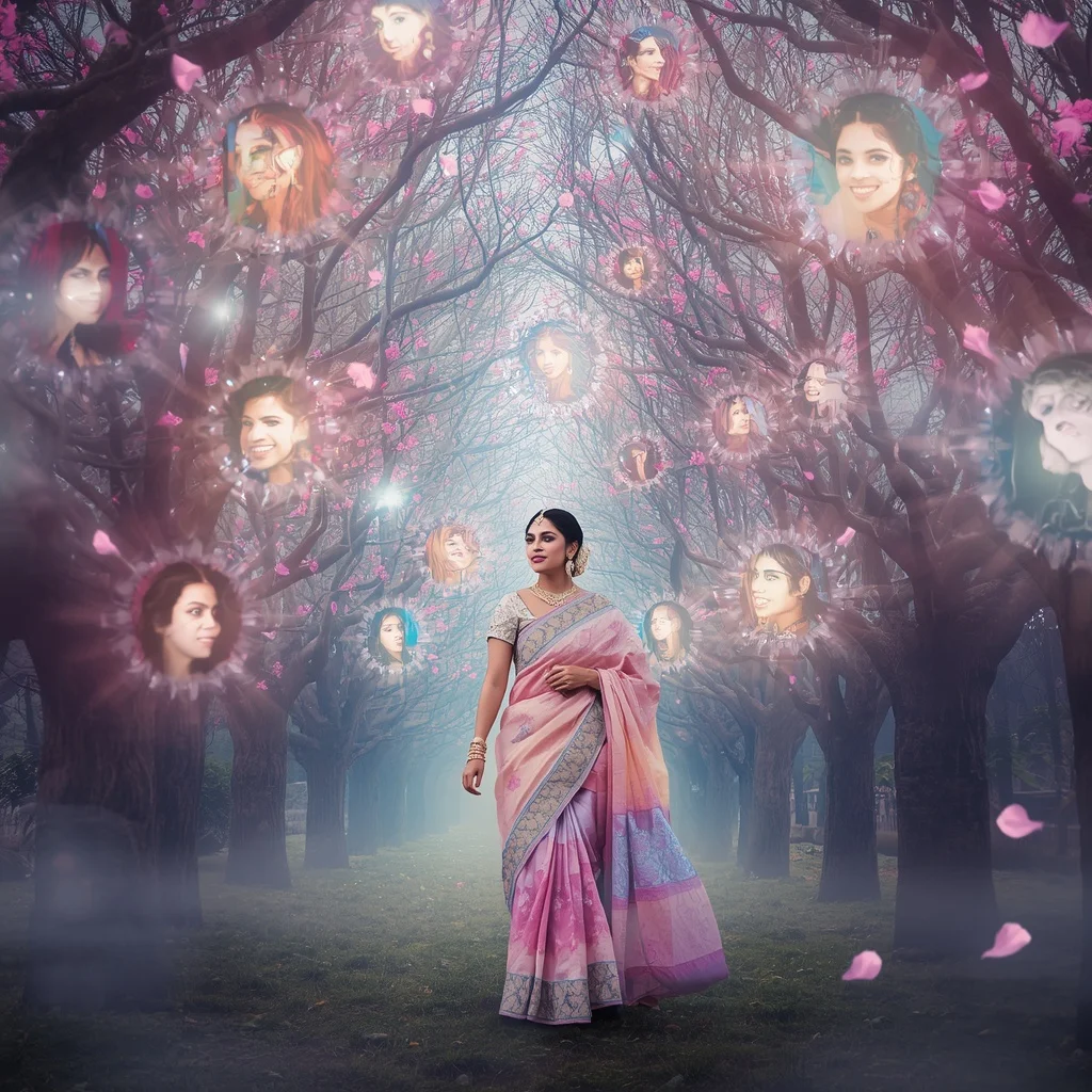 Festive Pastel Saree Aurora Crystal Crown Forest Collage Luxury | Face Ai Prompt