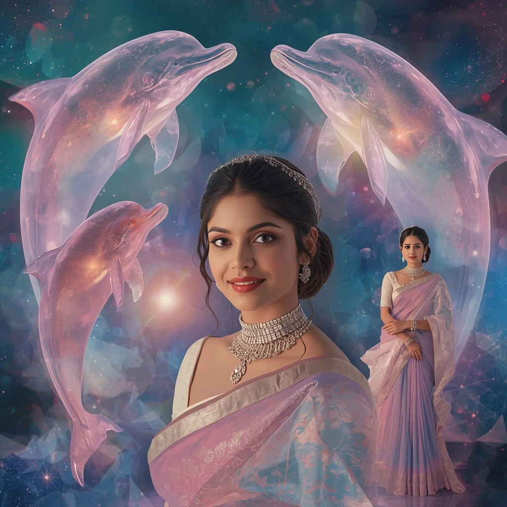 Festive Pastel Saree Aurora Crystal Dolphin Nebula Ocean Collage Luxury Cinematic | Prompt Seen Girl Photo Editing Trending