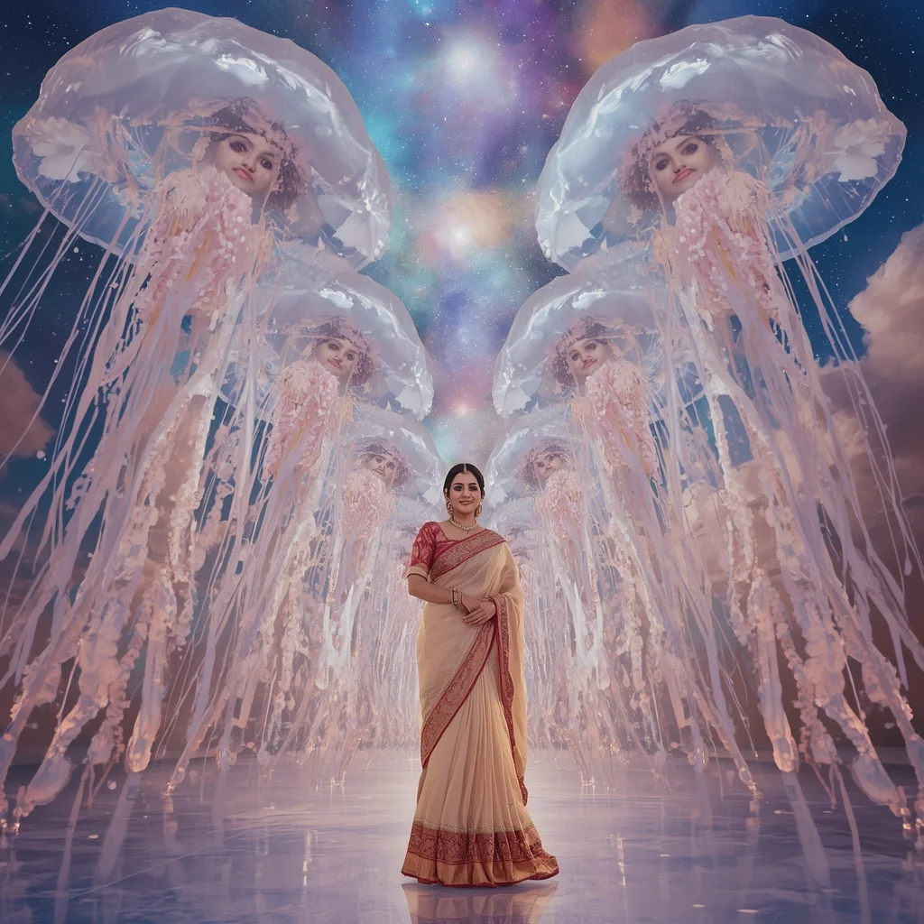 Festive Pastel Saree Aurora Crystal Jellyfish Cathedral Collage Premium | New Instagram Trend Prompt For Girl