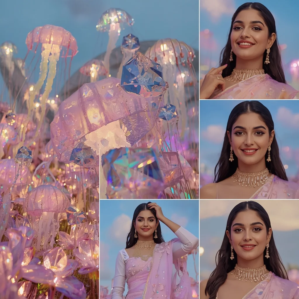 Festive Pastel Saree Aurora Crystal Jellyfish Garden Collage Premium Fashion Luxury | Fitness Model Ai Prompt