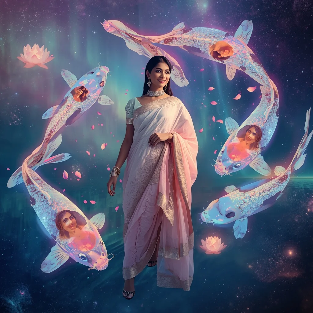 Festive Pastel Saree Aurora Crystal Koi Galaxy Collage Luxury Cinematic | Prompt Chatgpt