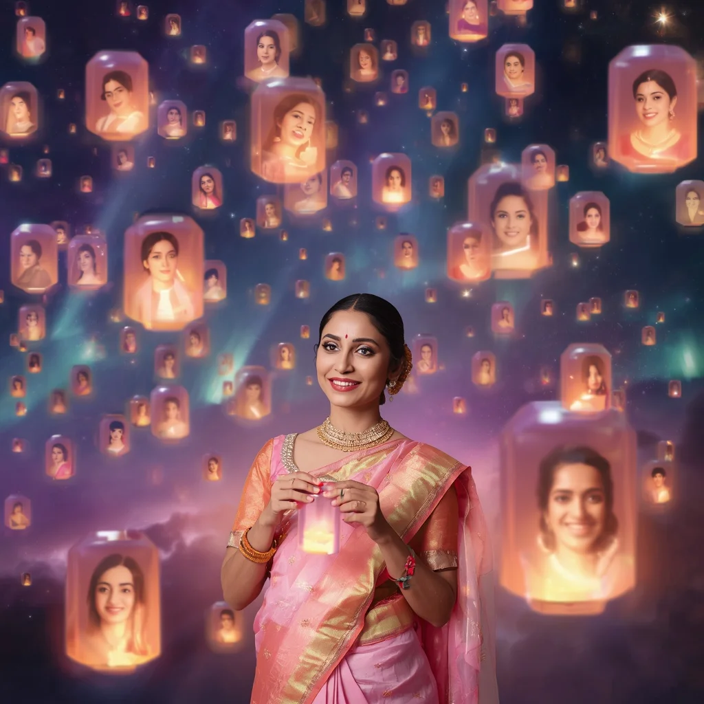 Festive Pastel Saree Aurora Crystal Lantern Galaxy Collage Premium | New Instagram Trend Prompt For Girl And Boy Copy And Paste