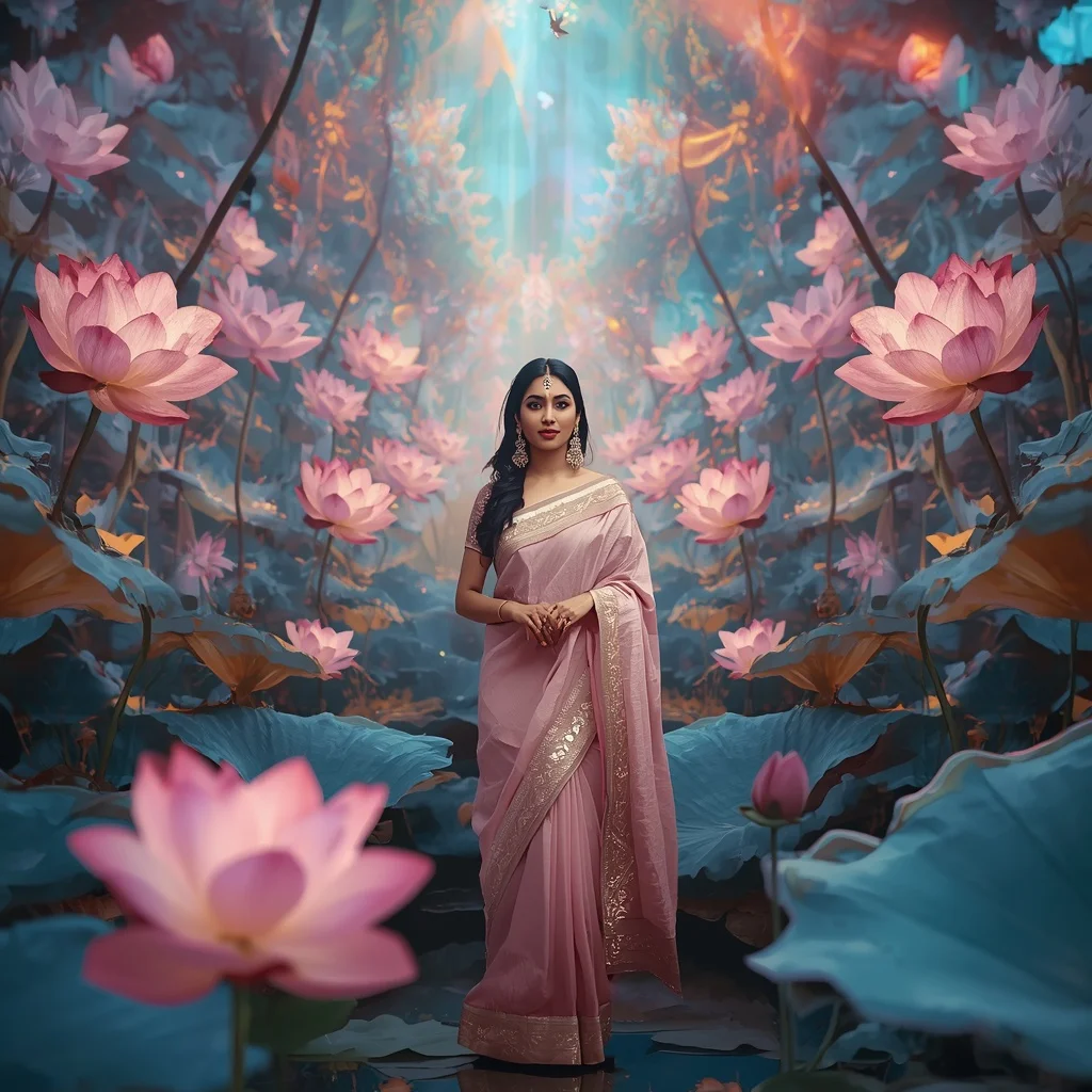 Festive Pastel Saree Aurora Crystal Lotus Kingdom Collage Premium | Makeup Ai Prompt