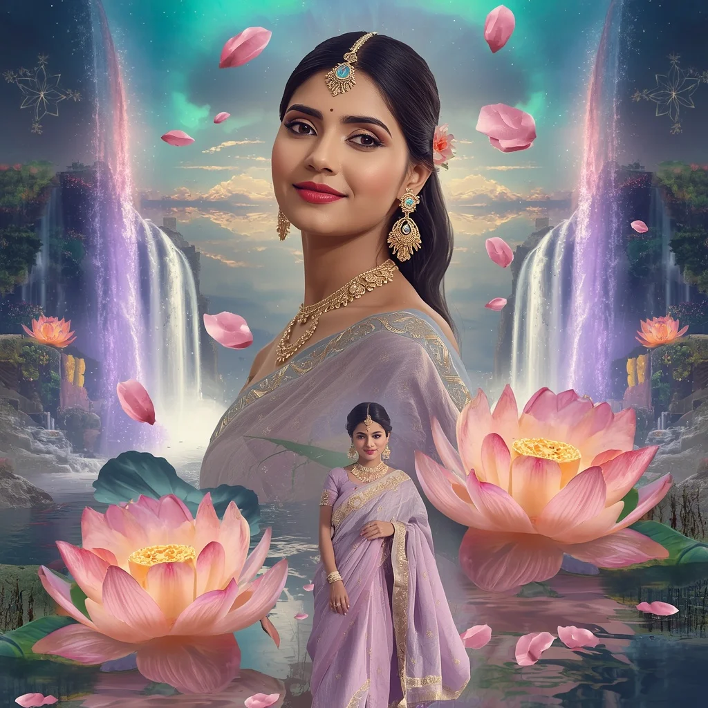 Festive Pastel Saree Aurora Crystal Lotus Waterfall Collage Luxury Cinematic | Gemini Ai Prompt For Instagram
