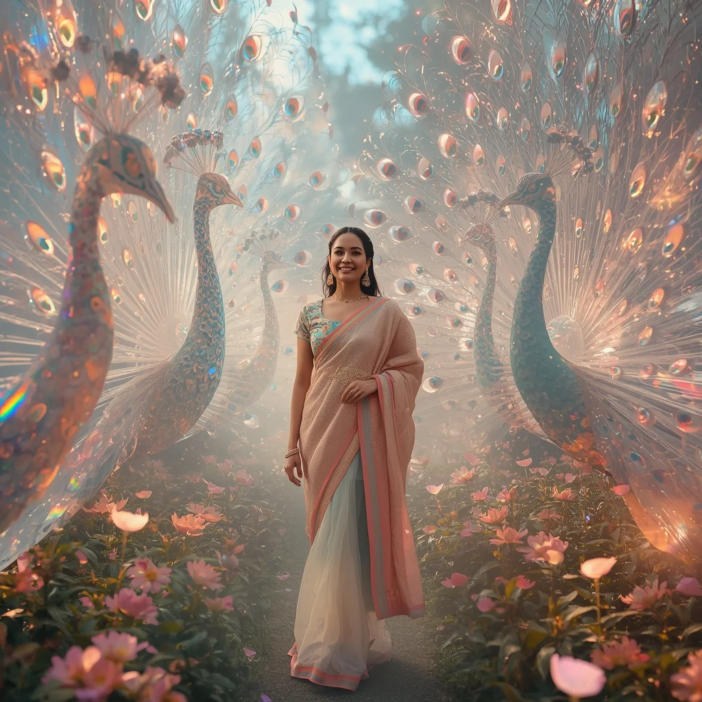 Festive Pastel Saree Aurora Crystal Peacock Garden Collage Luxury | Prompt Gemini Ai