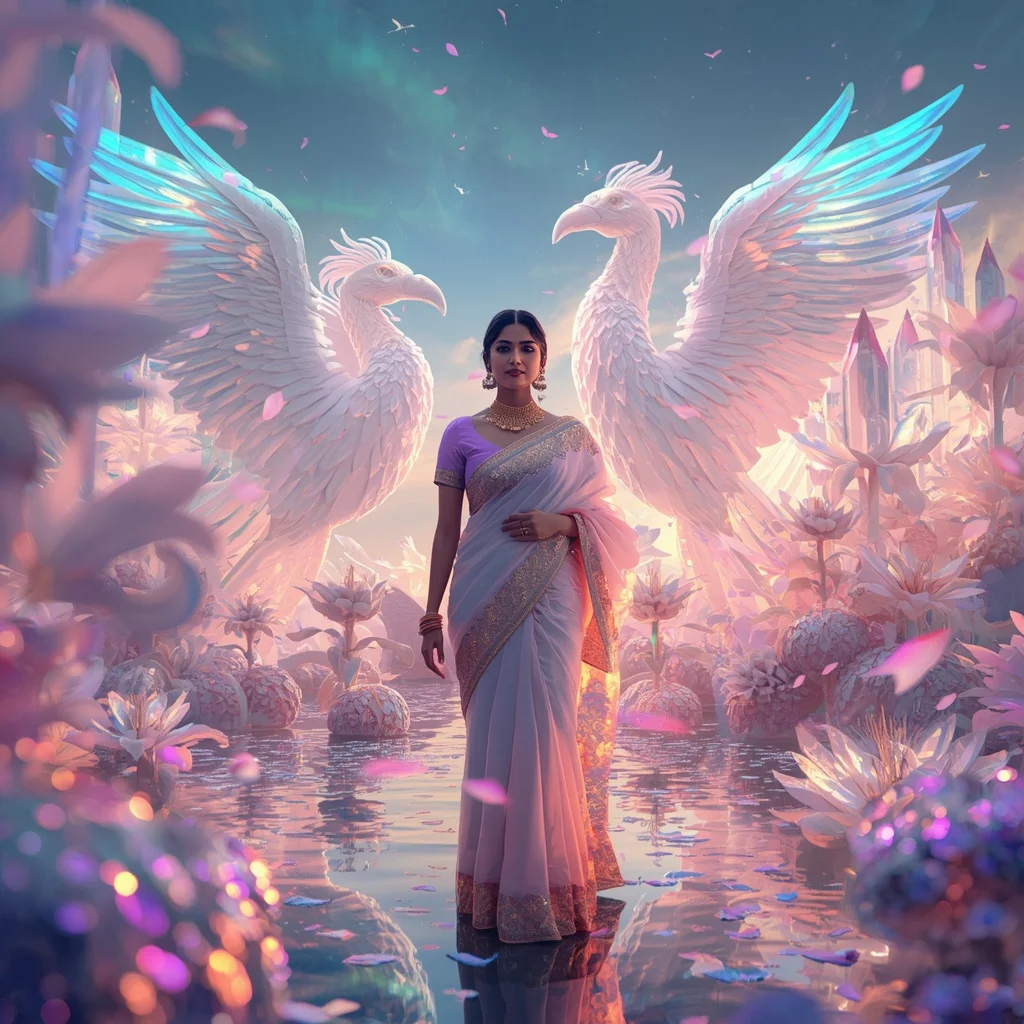 Festive Pastel Saree Aurora Crystal Phoenix Garden Collage Luxury | South Indian Prompt For Gemini Girl Instagram