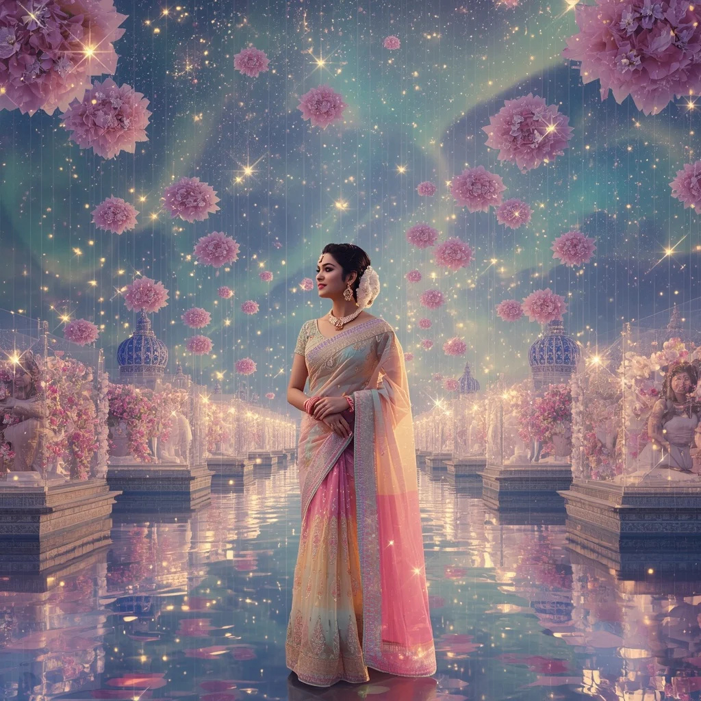 Festive Pastel Saree Aurora Crystal Starfall Kingdom Collage Luxury | ChatGPT Photo Editing Prompts For Girl