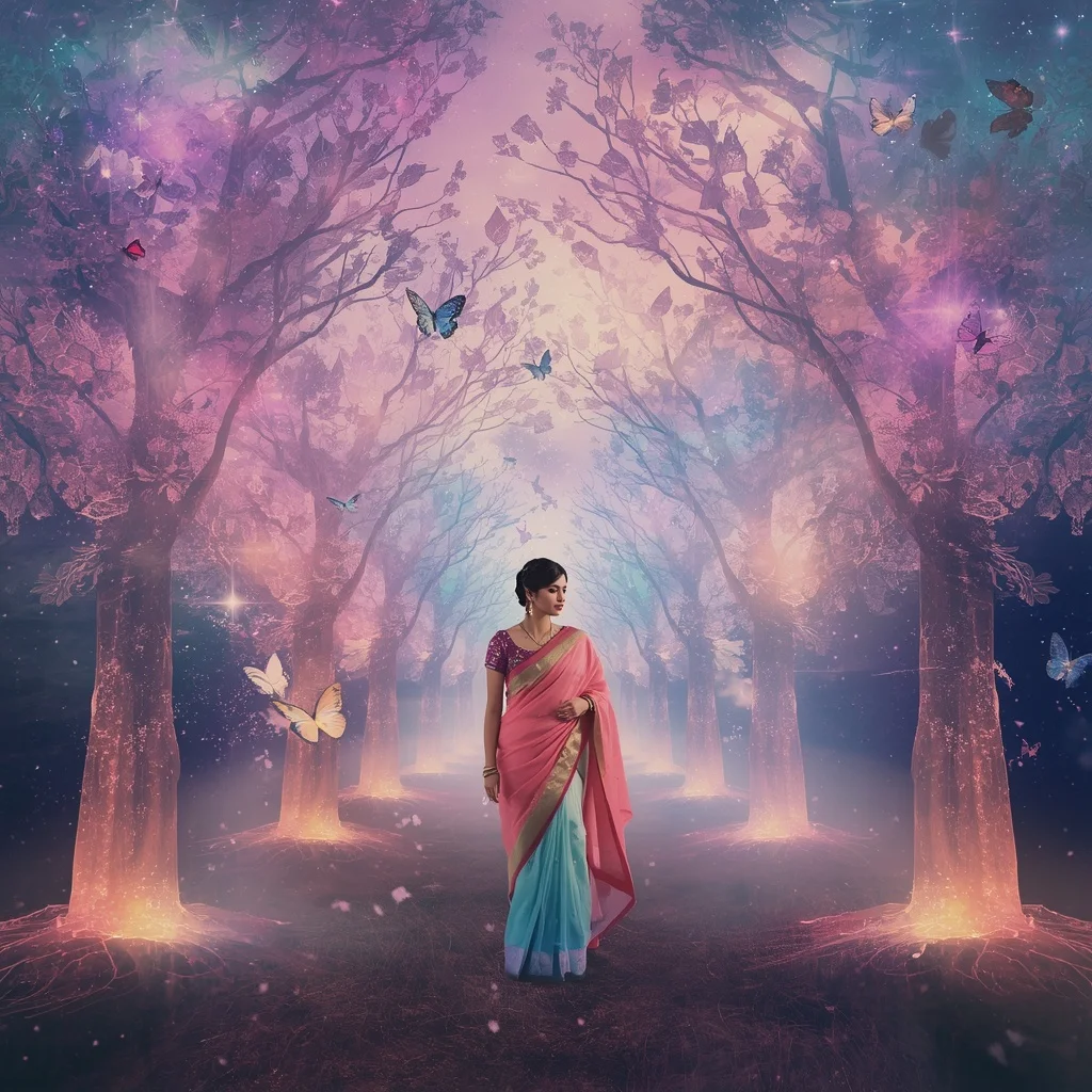 Festive Pastel Saree Aurora Crystal Starlight Forest Collage Luxury | Ai Prompt For Social Media