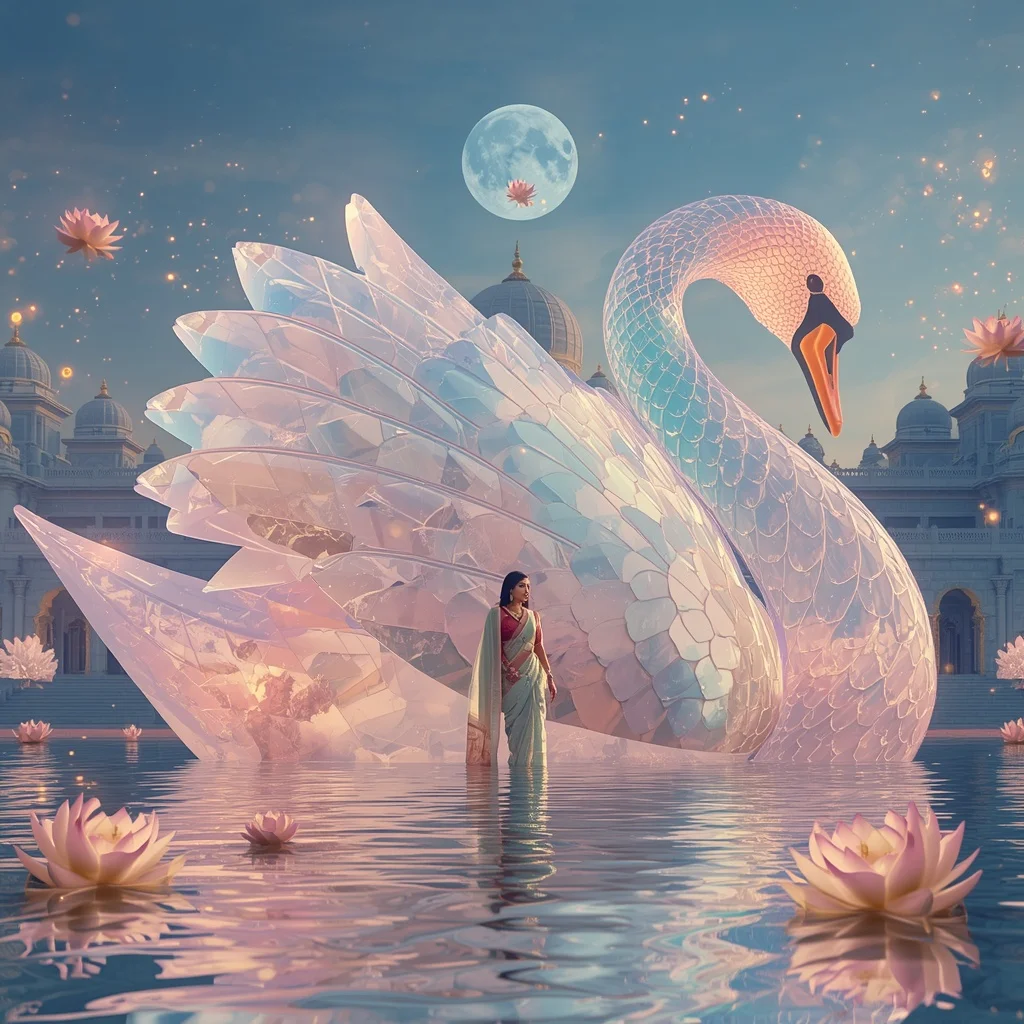 Festive Pastel Saree Aurora Crystal Swan Temple Collage Luxury | Whatsapp Dp Ai Prompt