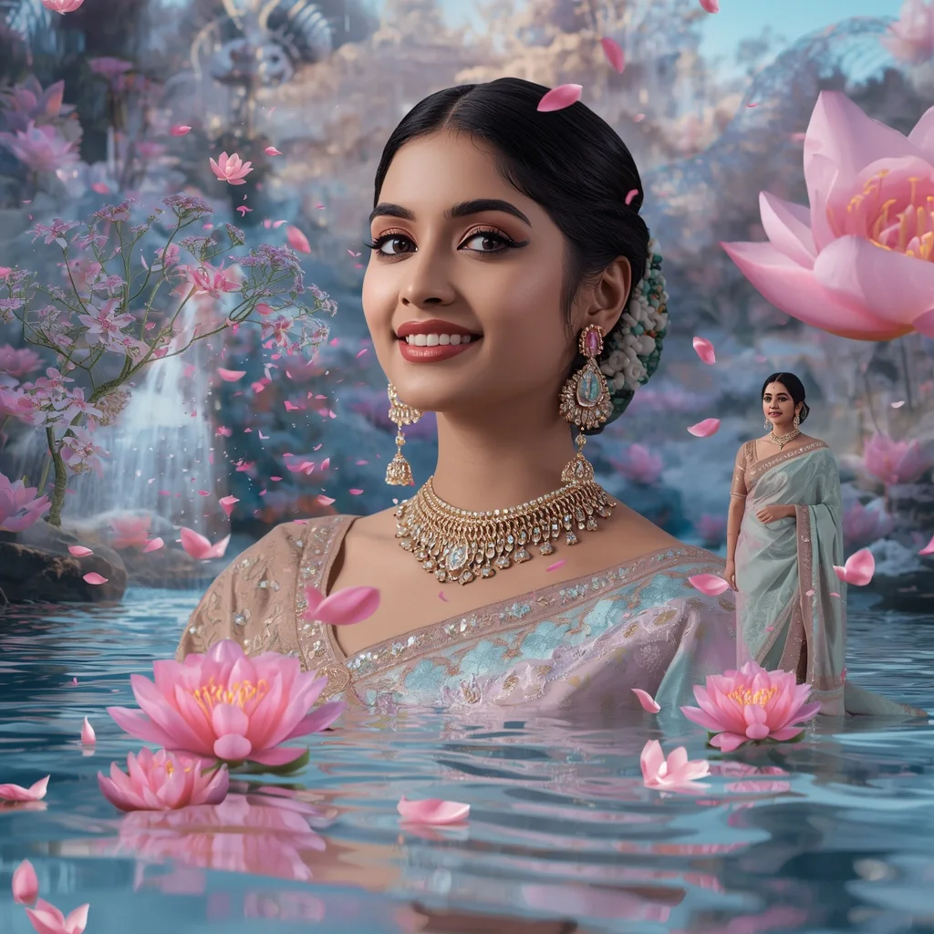 Festive Pastel Saree Aurora Crystal Water Garden Collage Luxury Cinematic | Fashion Ai Prompt