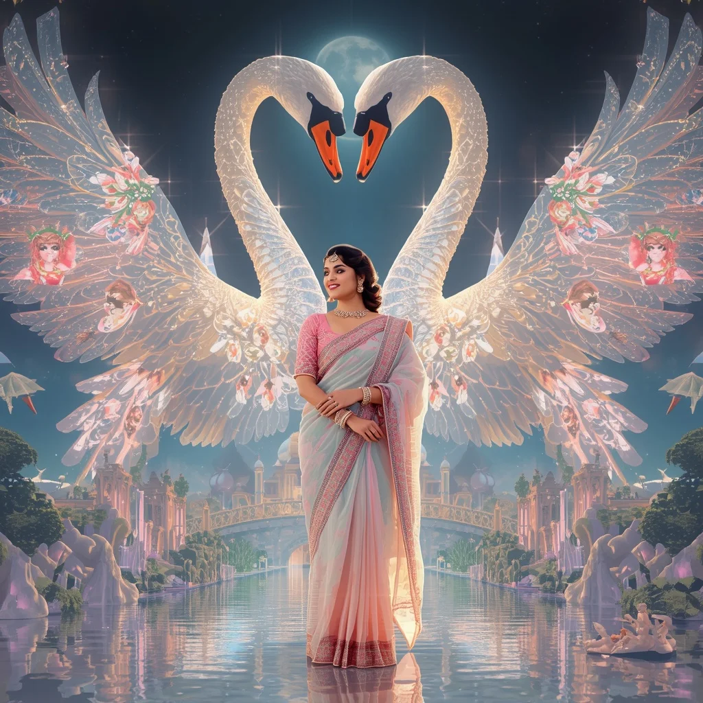 Festive Pastel Saree Aurora Diamond Swan Empire Collage Premium | Ai Photo Editing Prompt