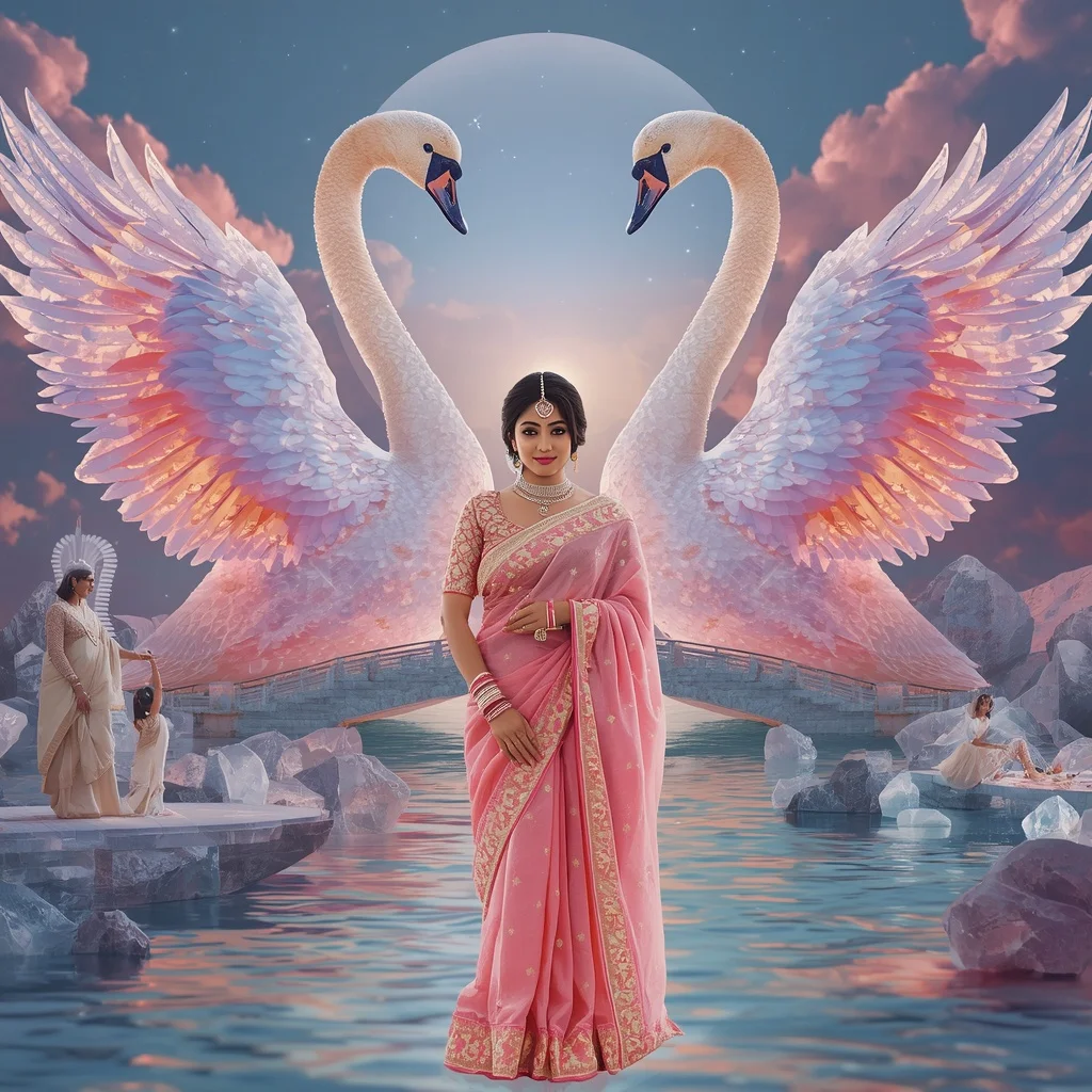 Festive Pastel Saree Aurora Diamond Swan Kingdom Collage Luxury | New Instagram Trend Prompt For Girl And Boy Aesthetic