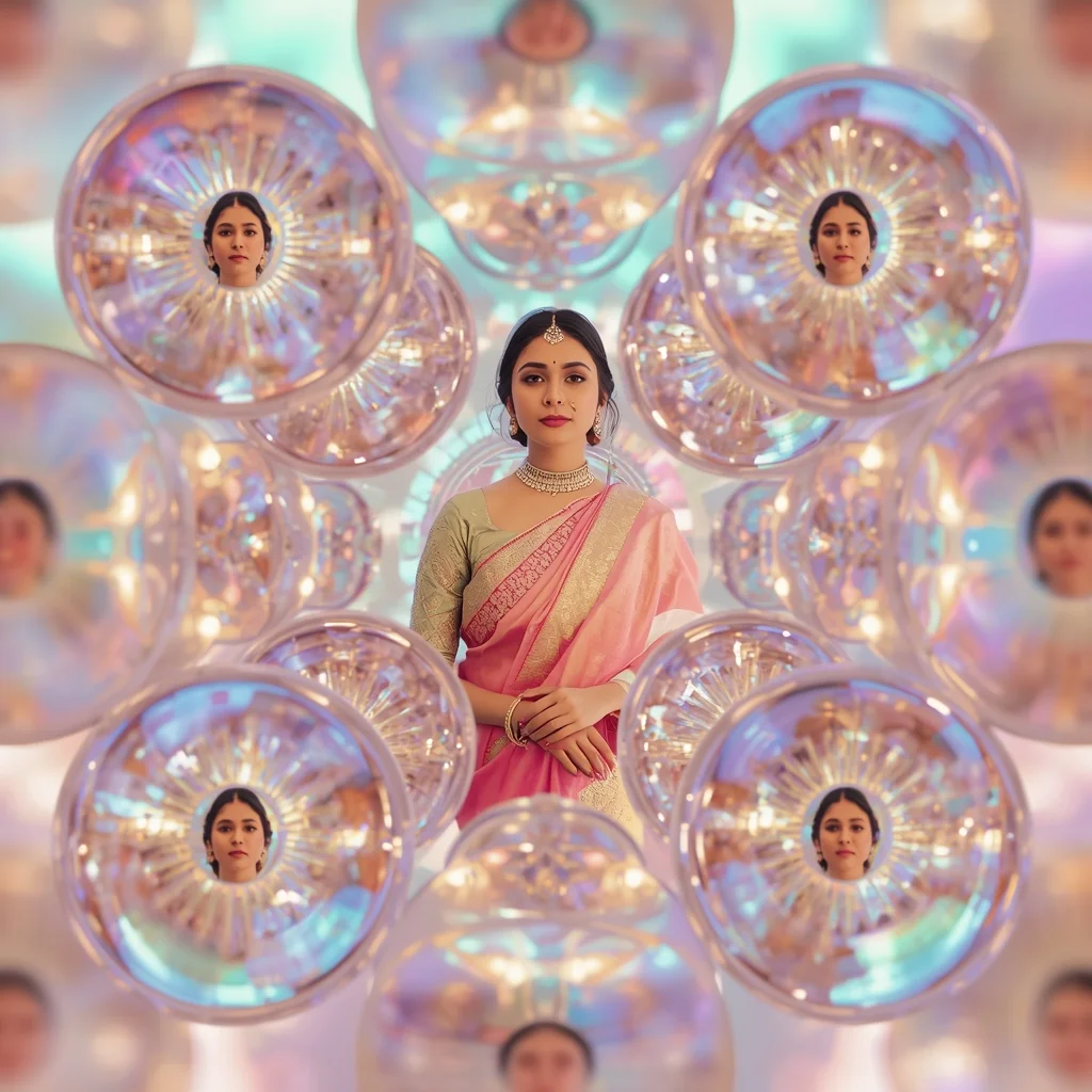 Festive Pastel Saree Aurora Light Sphere Infinite Reflection Collage | Ai New Prompt Free