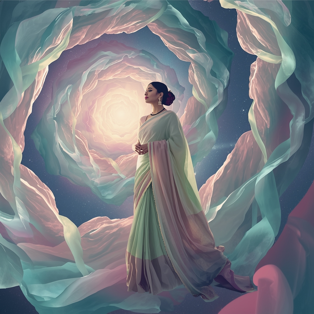 Festive Pastel Saree Aurora Silk Spiral Galaxy Collage | Polar Orbit Empress Prompt | Gemini Ai Saree Photo