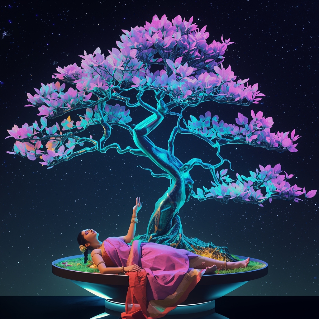 Festive Pastel Saree Bioluminescent Bonsai Constellation Collage Modern Cinematic | Saree Girl Ai Prompt