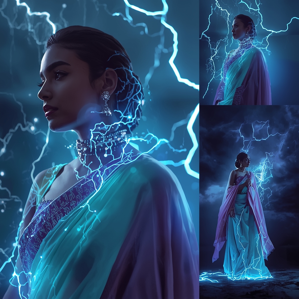 Festive Pastel Saree Bioluminescent Silk Thunderstorm Collage | Luminous Storm Empress Prompt | Saree Prompt For Girls