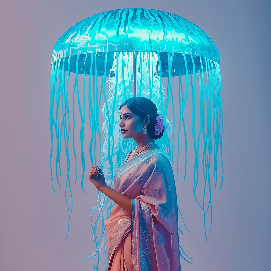 Festive Pastel Saree Bioluminescent Spore Umbrella Collage Cinematic Aesthetic | Saree Reel Ai Prompt