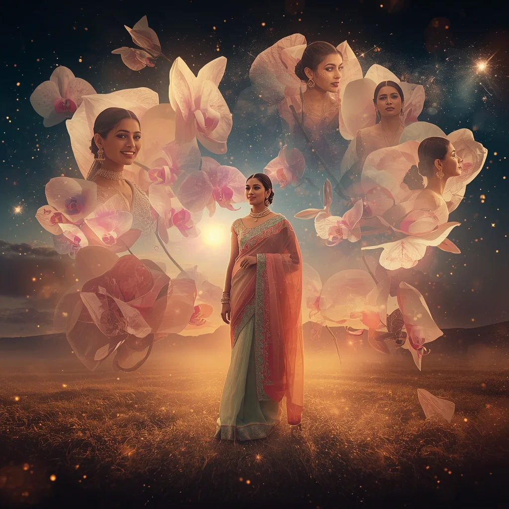 Festive Pastel Saree Blooming Crystal Orchid Universe Collage Cinematic | Prompt Seen Trending Girl