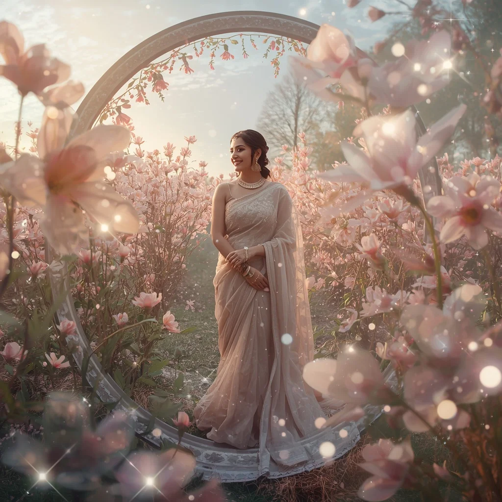 Festive Pastel Saree Blooming Crystal Starlight Garden Collage Cinematic | Ai Image Generator Prompt