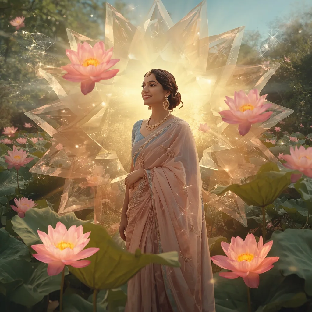 Festive Pastel Saree Blooming Crystal Starlotus Garden Collage Cinematic | New Instagram Trend Prompt For Girl Love
